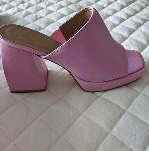 Pink Square Toe Platform Block Heel Mules